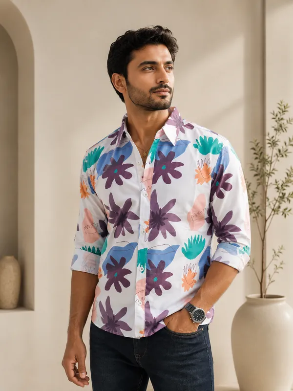 White_Cotton_Relaxed_Fit_Floral_Print_Shirt_For_Men