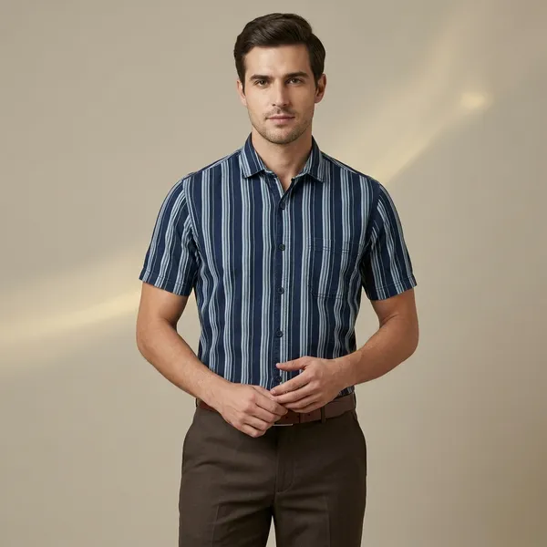 Navy_Blue_Striped_Short_Sleeve_Shirt_For_Men