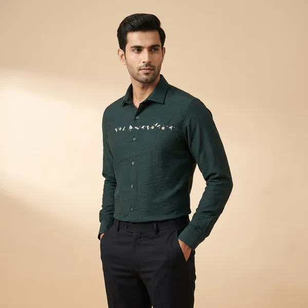 Dark_Green_Embroidered_Long_Sleeve_Shirt_For_Men