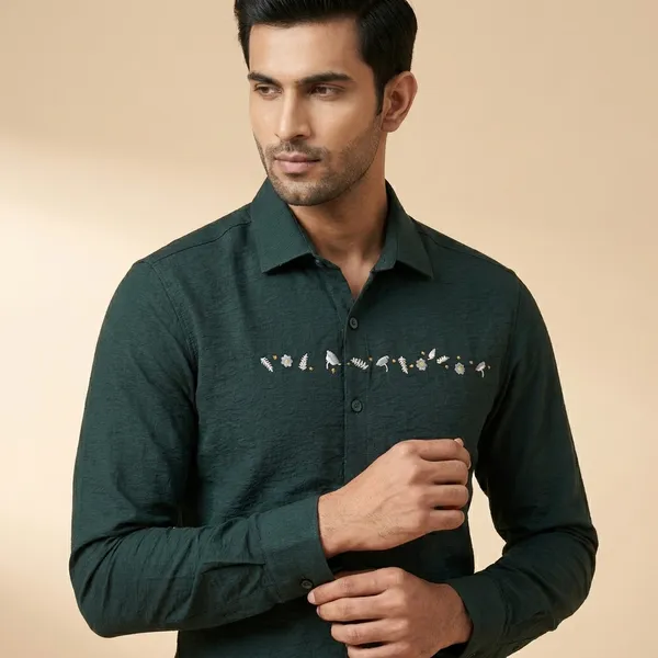 Dark_Green_Embroidered_Long_Sleeve_Shirt_For_Men