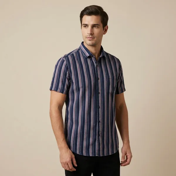 Navy_Blue_Striped_Short_Sleeve_Casual_Shirt_For_Men
