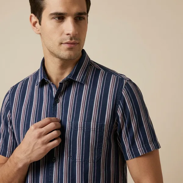 Navy_Blue_Striped_Short_Sleeve_Casual_Shirt_For_Men