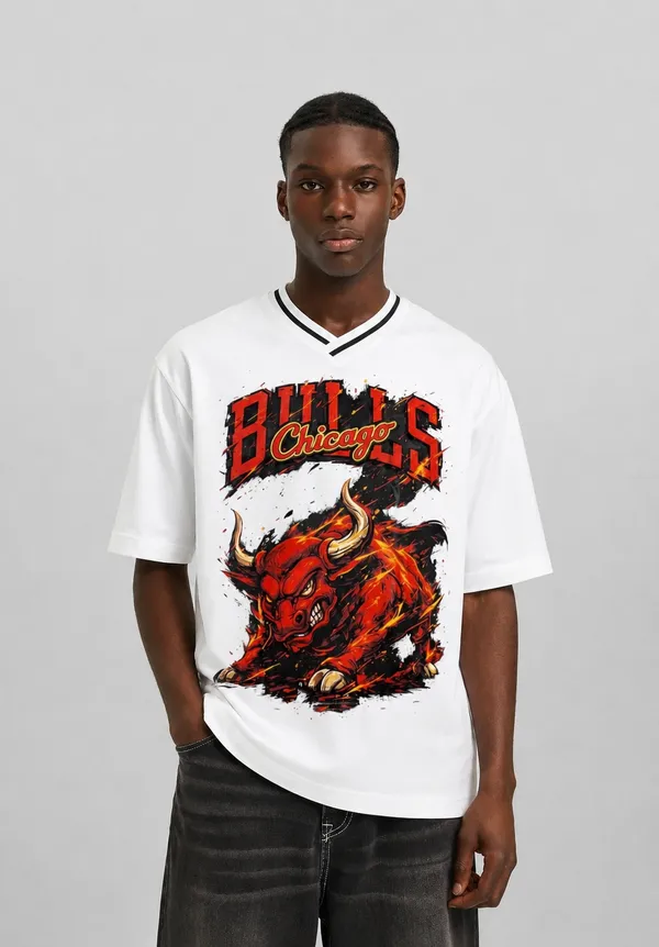 White_Classic_Chicago_Bull_V_Neck_T_Shirt