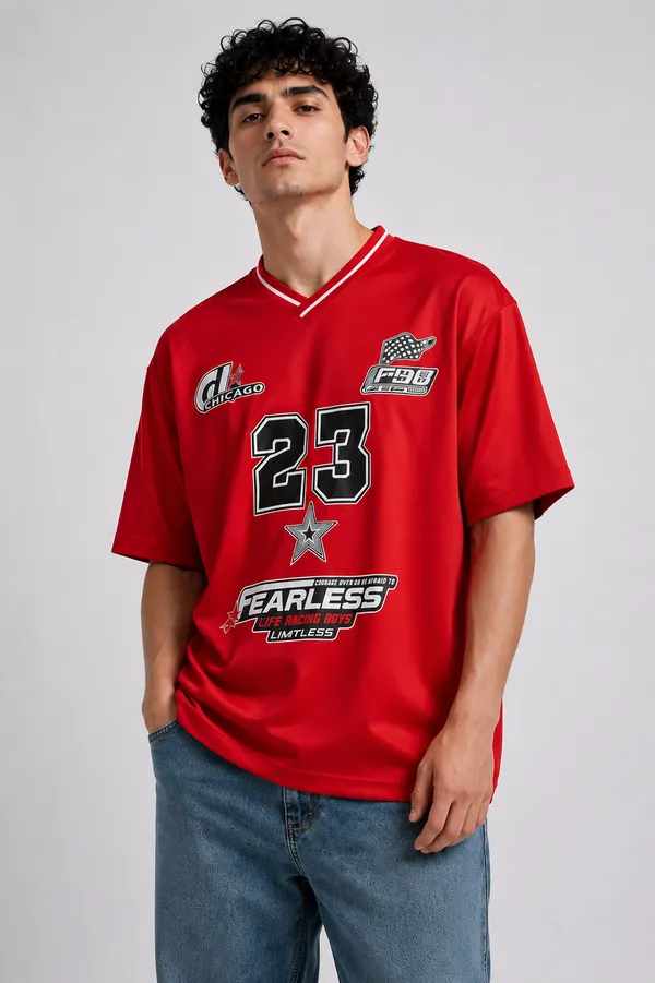 Red_V_Neck_Casual_Fearless_T_Shirt_Red