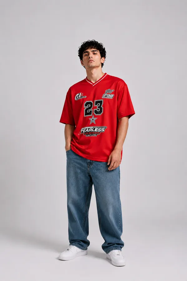 Red_V_Neck_Casual_Fearless_T_Shirt_Red