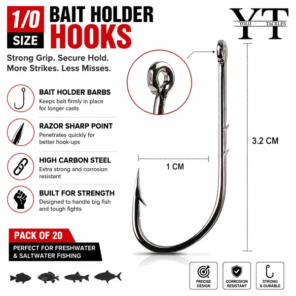 1/0_Bait_Holder_Fishing_Hooks_High_Carbon_Steel_Pack_Of_20