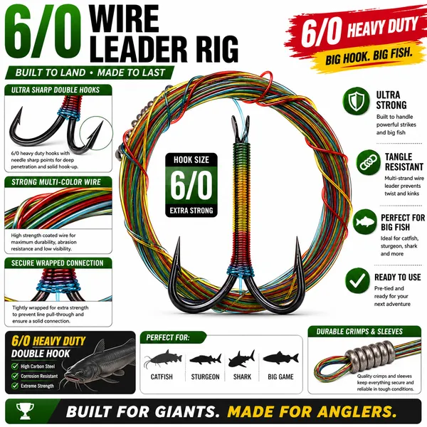 6/0_Wire_Leader_Fishing_Rig_With_Ultra_Sharp_Double_Hooks