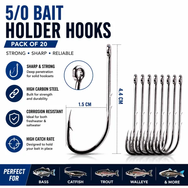 5/0_Bait_Holder_Fishing_Hooks_Pack_Of_20