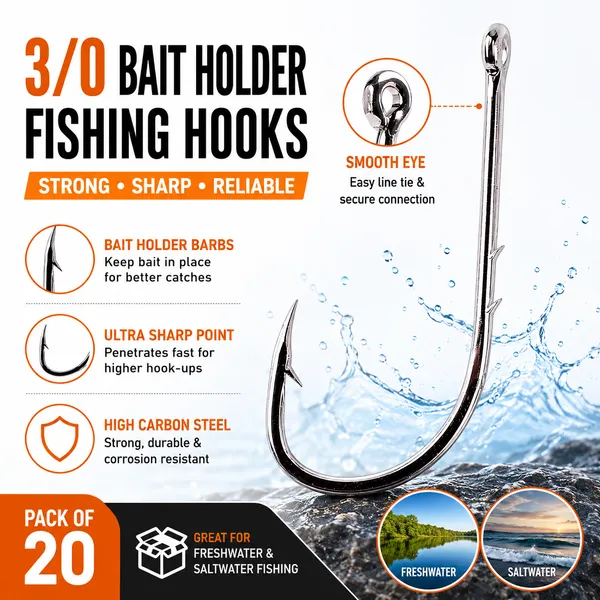 3/0_Bait_Holder_Fishing_Hooks_High_Carbon_Steel_Pack_Of_20