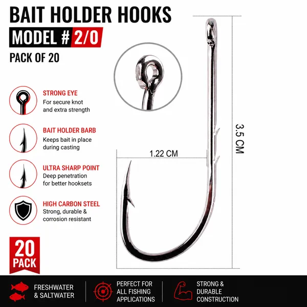 2/0_Bait_Holder_Fishing_Hooks_High_Carbon_Steel_Pack_Of_20