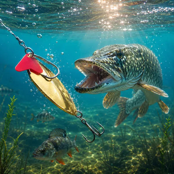 Gold_Fishing_Spoon_Lure_With_Red_Tail_Accent_And_Double_Hook