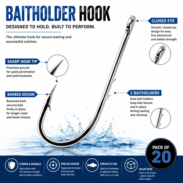 1/0_Bait_Holder_Fishing_Hooks_High_Carbon_Steel_Pack_Of_20