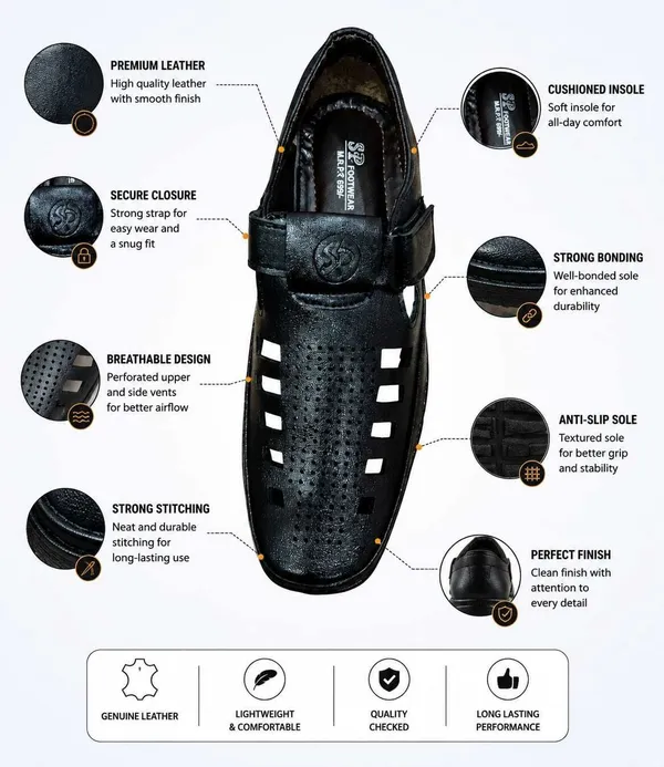 Black_Pu_Leather_Casual_Perforated_Sandals_For_Men