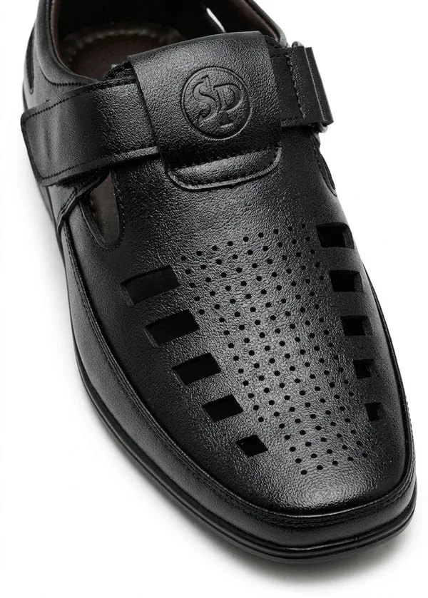 Black_Pu_Leather_Casual_Perforated_Sandals_For_Men