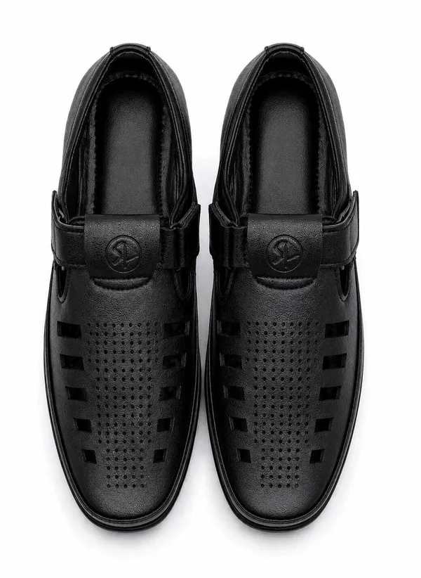 Black_Pu_Leather_Casual_Perforated_Sandals_For_Men