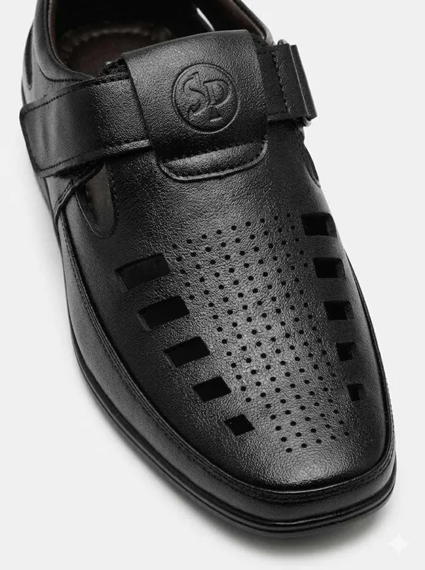Black_Pu_Leather_Casual_Perforated_Sandals_For_Men