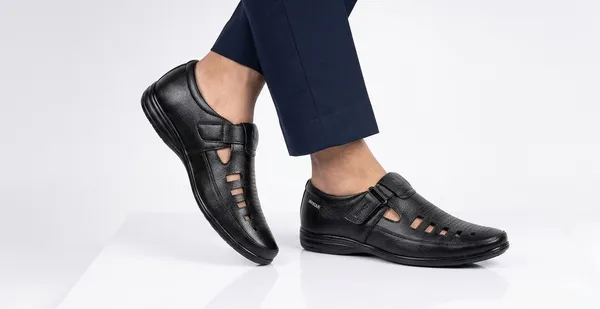 Black_Pu_Leather_Casual_Perforated_Sandals_For_Men