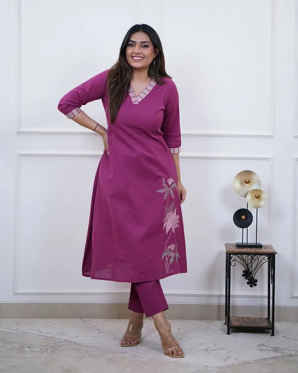 Magenta_Cotton_Floral_Embroidered_A-Line_Kurta_Set_For_Women