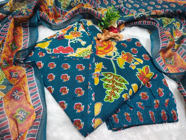 Teal_Cotton_Floral_Print_Anarkali_Suit_Set_For_Women