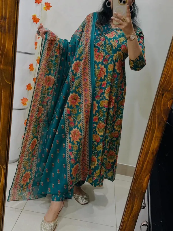 Teal_Cotton_Floral_Print_Anarkali_Suit_Set_For_Women