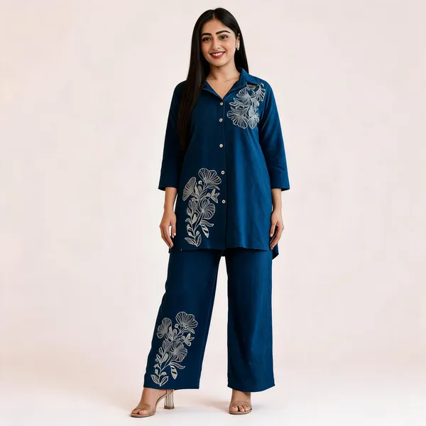 Teal_Blue_Cotton_Floral_Embroidered_Shirt_Palazzo_Co-Ord_Set_For_Women