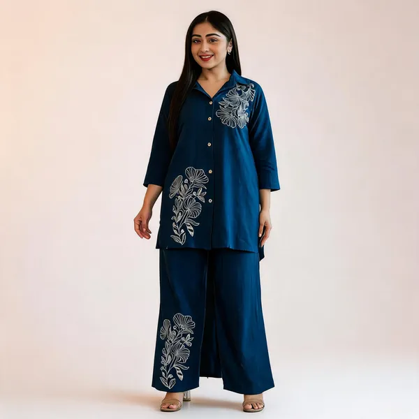 Teal_Blue_Cotton_Floral_Embroidered_Shirt_Palazzo_Co-Ord_Set_For_Women