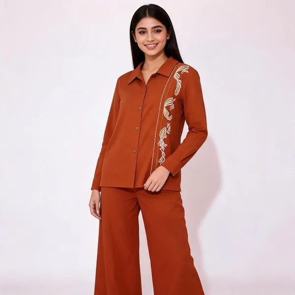 Rust_Cotton_Floral_Embroidered_Collared_Co-Ord_Set_For_Women