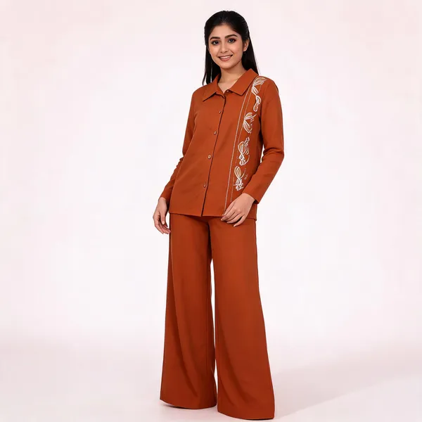 Rust_Cotton_Floral_Embroidered_Collared_Co-Ord_Set_For_Women