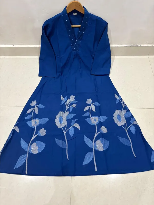 Blue_Cotton_A-Line_Floral_Embroidered_Kurta_For_Women
