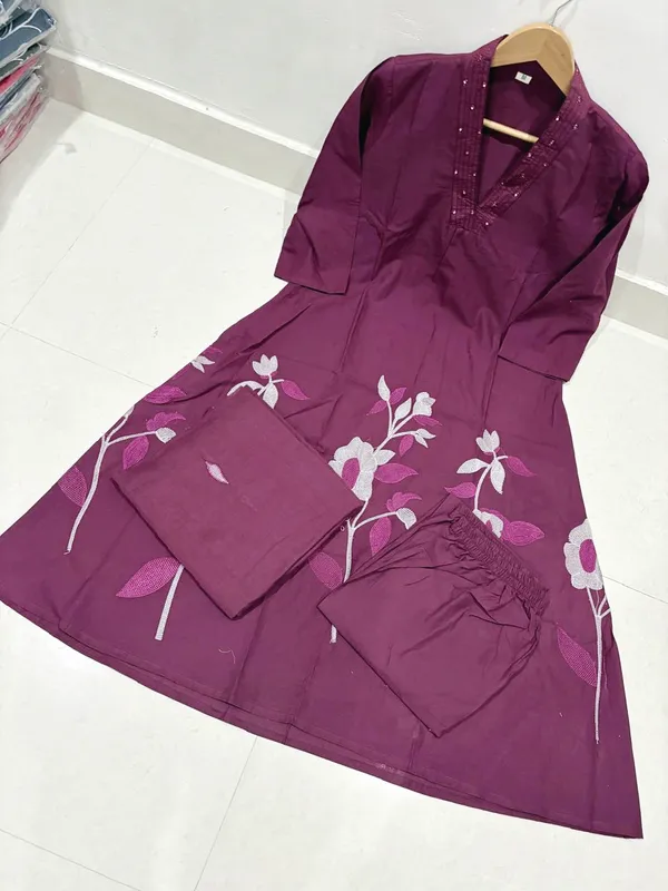 Wine_Cotton_Floral_Embroidered_Flared_Kurta_Set_For_Women