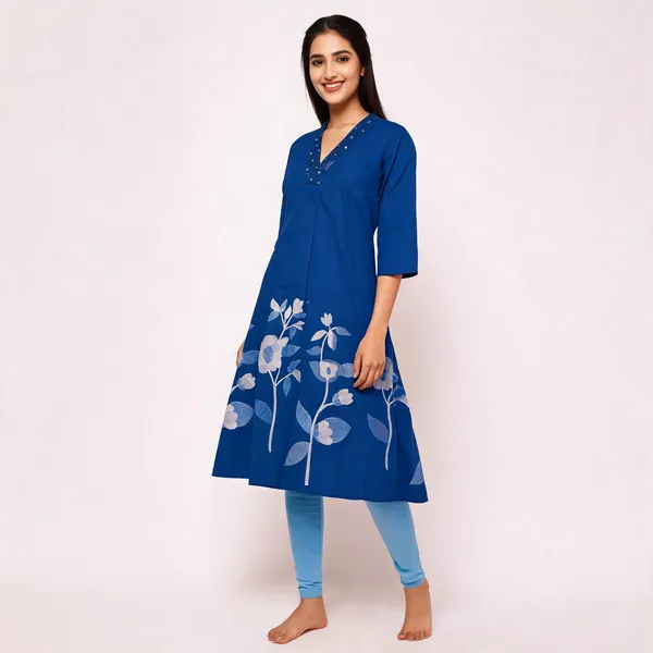 Blue_Cotton_A-Line_Floral_Embroidered_Kurta_For_Women