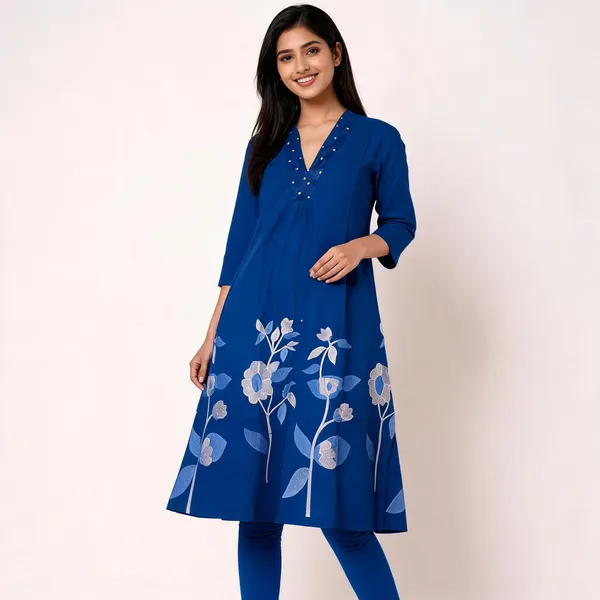 Blue_Cotton_A-Line_Floral_Embroidered_Kurta_For_Women