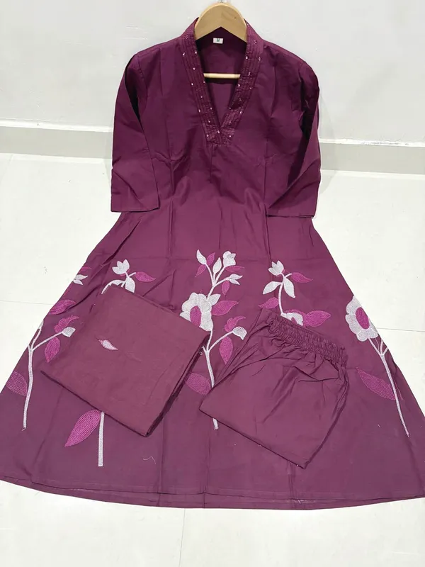 Wine_Cotton_Floral_Embroidered_Flared_Kurta_Set_For_Women