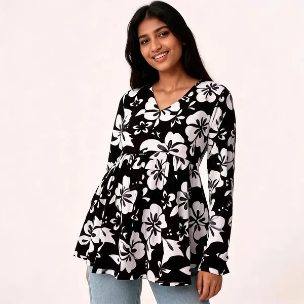 Black_Cotton_Floral_Print_Peplum_Top_For_Women