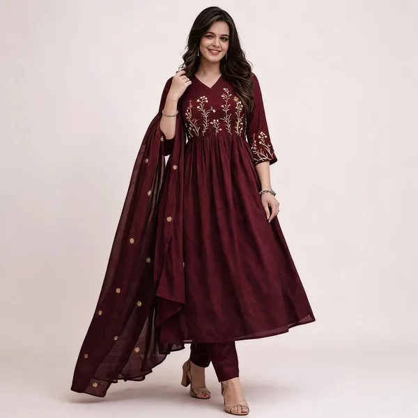 Maroon_Cotton_Anarkali_Kurta_Set_With_Dupatta_For_Women