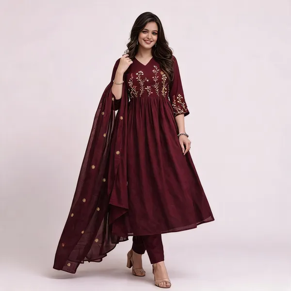 Maroon_Cotton_Anarkali_Kurta_Set_With_Dupatta_For_Women