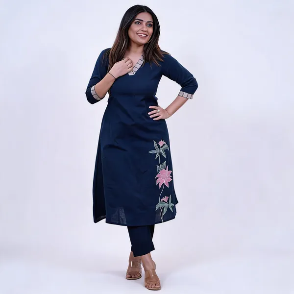 Navy_Blue_Cotton_Floral_Embroidered_Straight_Kurta_Set_For_Women