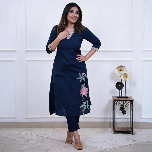 Navy_Blue_Cotton_Floral_Embroidered_Straight_Kurta_Set_For_Women