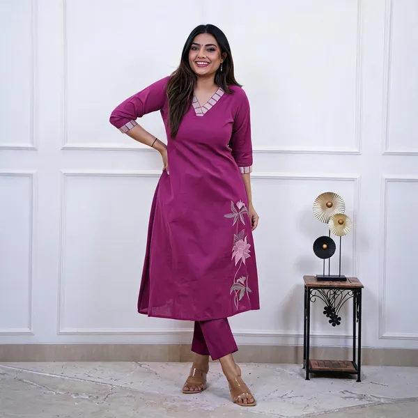 Magenta_Cotton_Floral_Embroidered_A-Line_Kurta_Set_For_Women