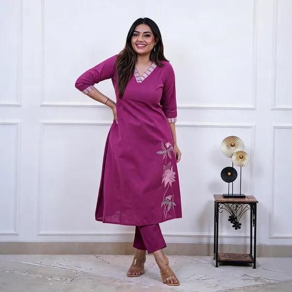 Magenta_Cotton_Floral_Embroidered_A-Line_Kurta_Set_For_Women