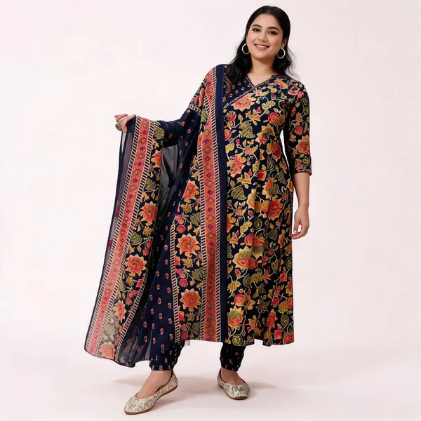 Navy_Cotton_Floral_Print_Anarkali_Kurta_Set_With_Dupatta_For_Women