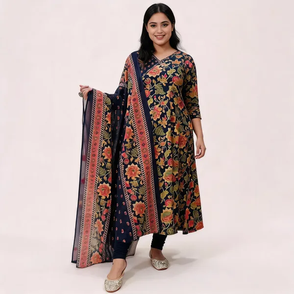 Navy_Cotton_Floral_Print_Anarkali_Kurta_Set_With_Dupatta_For_Women