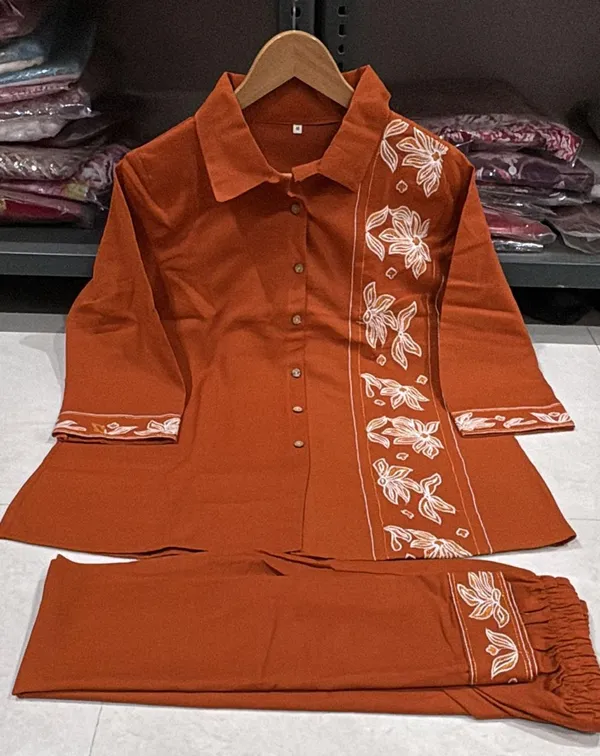 Rust_Cotton_Floral_Embroidered_Collared_Co-Ord_Set_For_Women