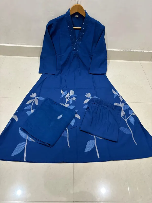 Blue_Cotton_A-Line_Floral_Embroidered_Kurta_For_Women