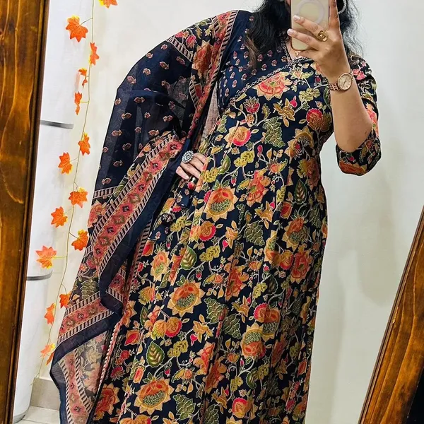 Navy_Cotton_Floral_Print_Anarkali_Kurta_Set_With_Dupatta_For_Women
