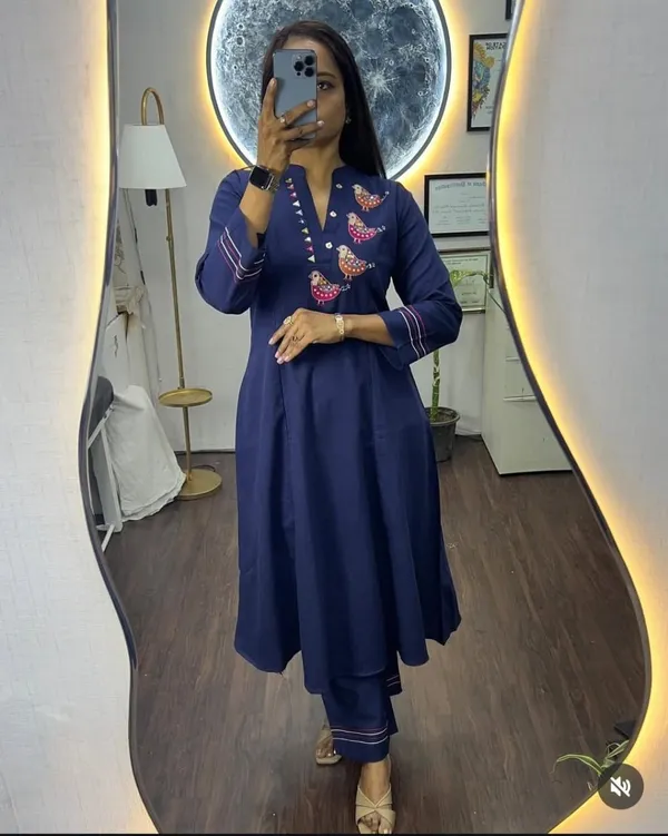 Navy_Blue_Cotton_Bird_Embroidered_Anarkali_Kurta_Set_For_Women