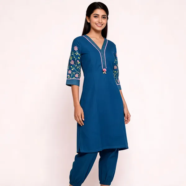 Teal_Blue_Cotton_Embroidered_Straight_Kurta_Set_For_Women