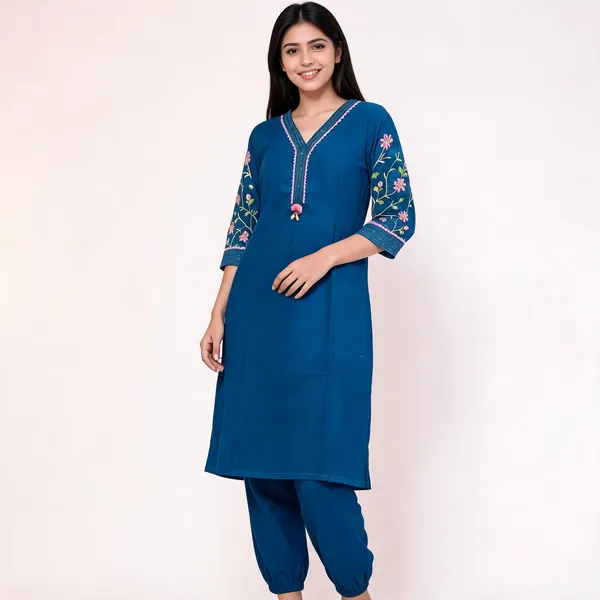 Teal_Blue_Cotton_Embroidered_Straight_Kurta_Set_For_Women