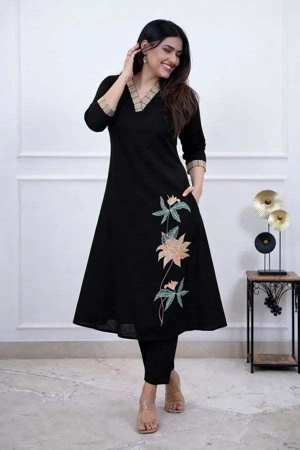 Black_Cotton_Floral_Embroidered_A-Line_Kurti_For_Women