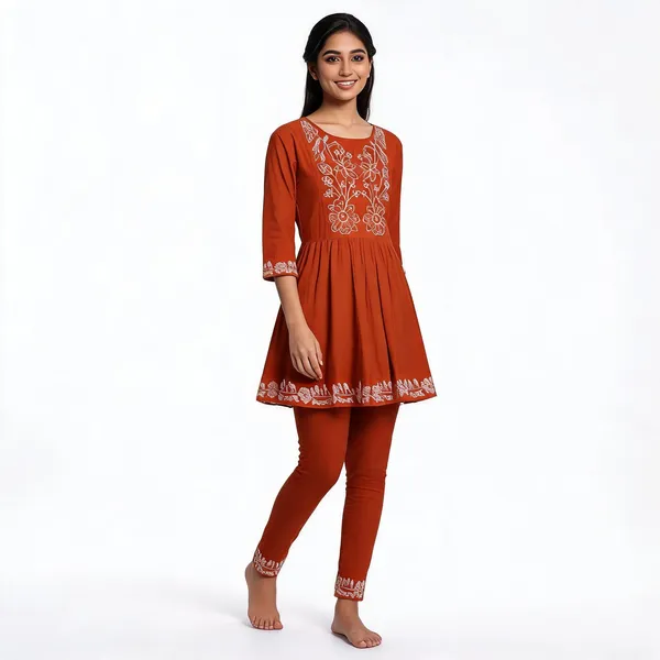 Rust_Cotton_Floral_Embroidered_Flared_Kurti_For_Women